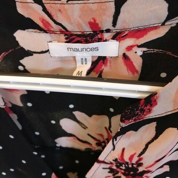 Maurices blouse top size Medium sleeve black Floral polka dot zip - Picture 3 of 3